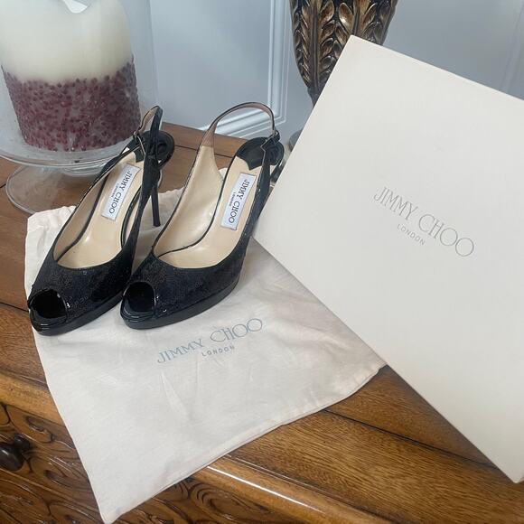 Jimmy Choo Authentic Black Sequin Slingback Heels Sz 37 (7) - Picture 2 of 12